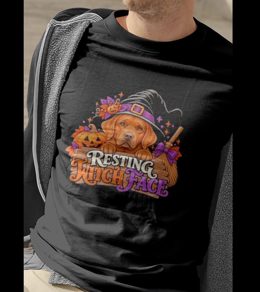 Resting Witch Face Dog Witch Hat Pumpkin Broom Halloween T-Shirt