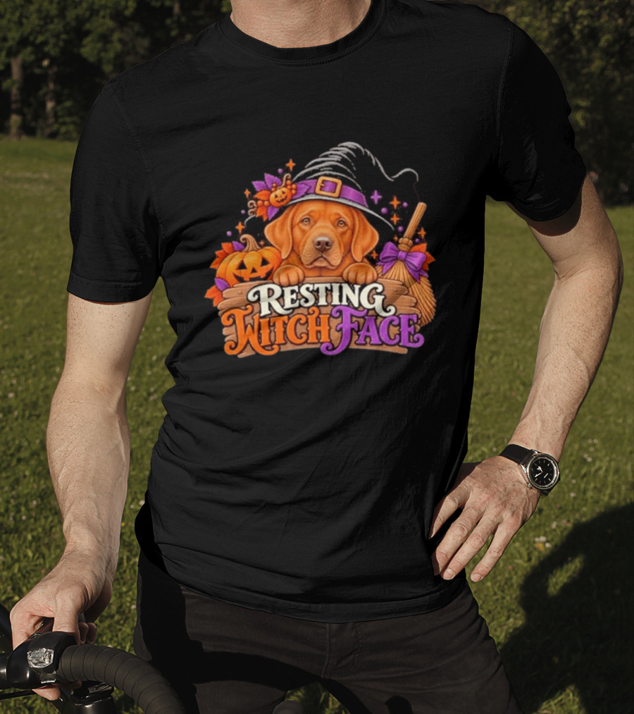Resting Witch Face Dog Witch Hat Pumpkin Broom Halloween T-Shirt