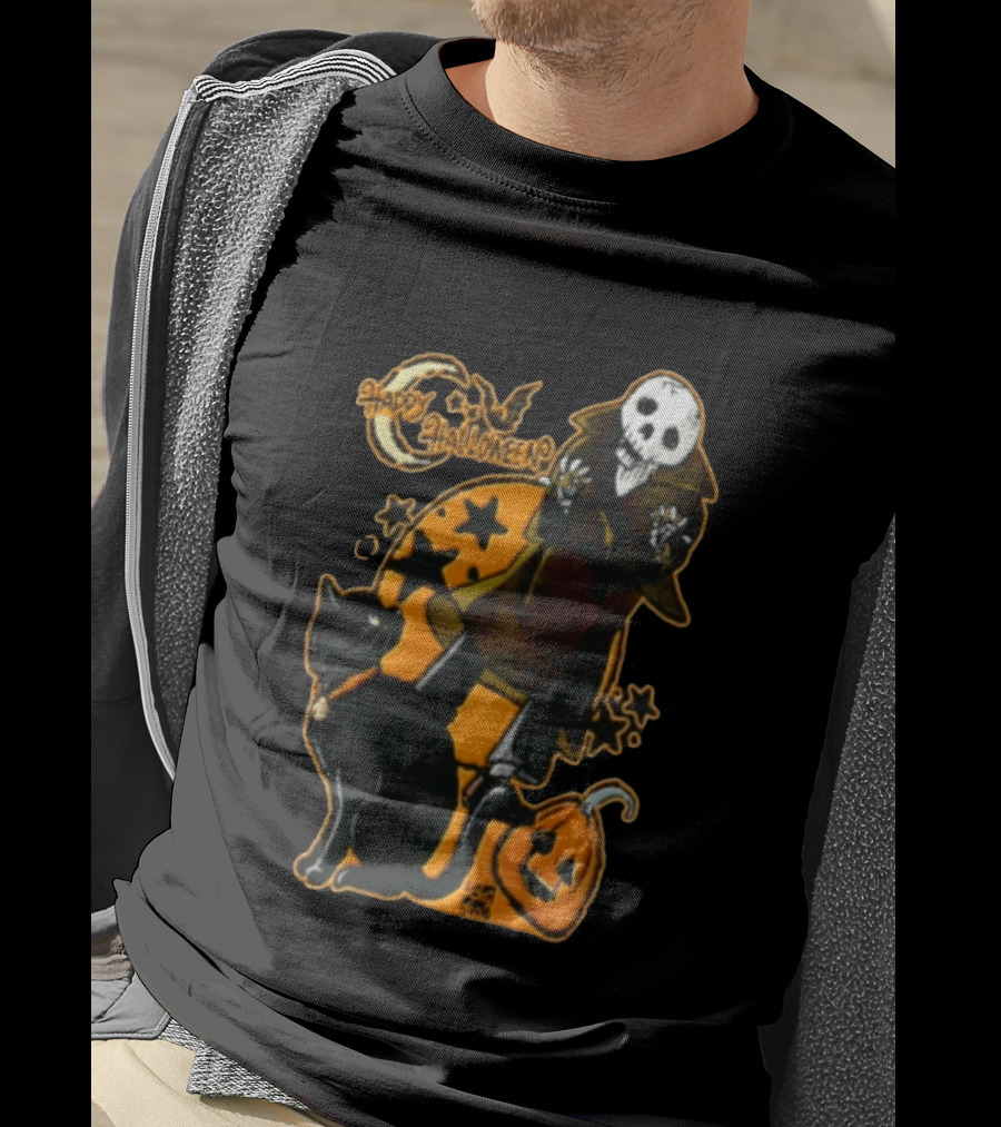 Happy Halloween Skeleton With Black Cat And Pumpkin T-Shirt