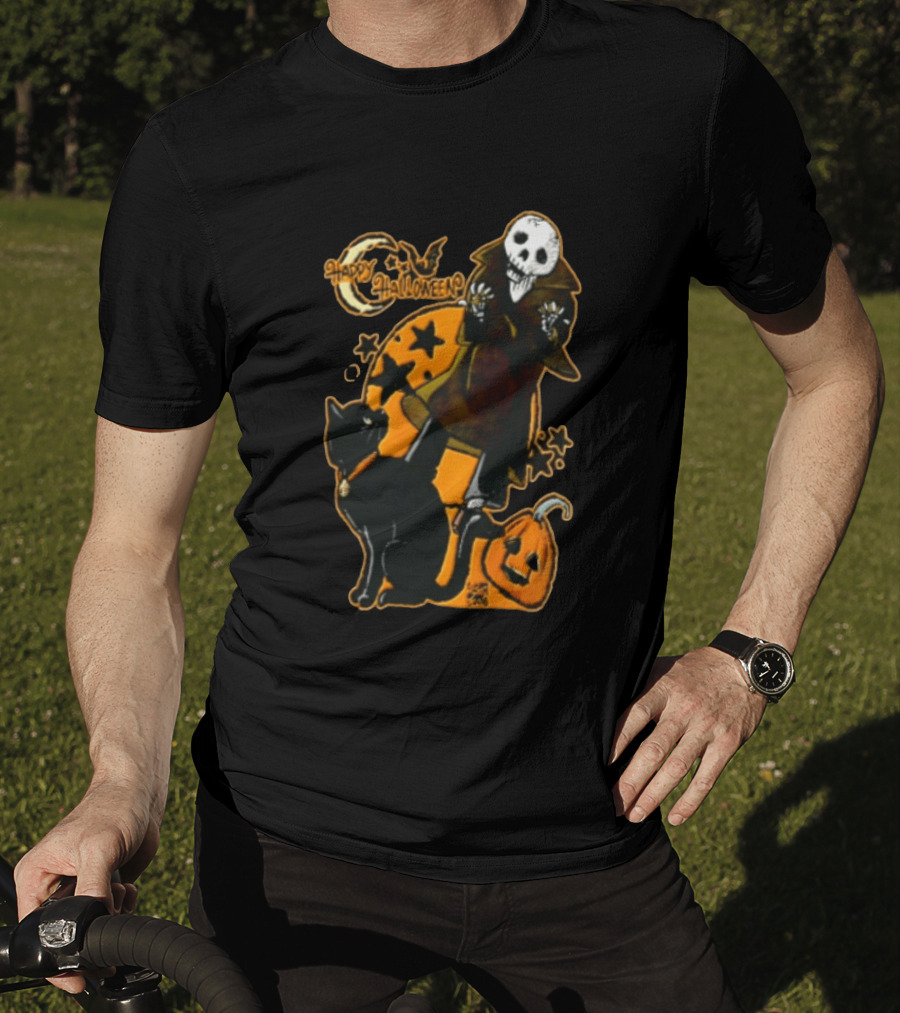 Happy Halloween Skeleton With Black Cat And Pumpkin T-Shirt