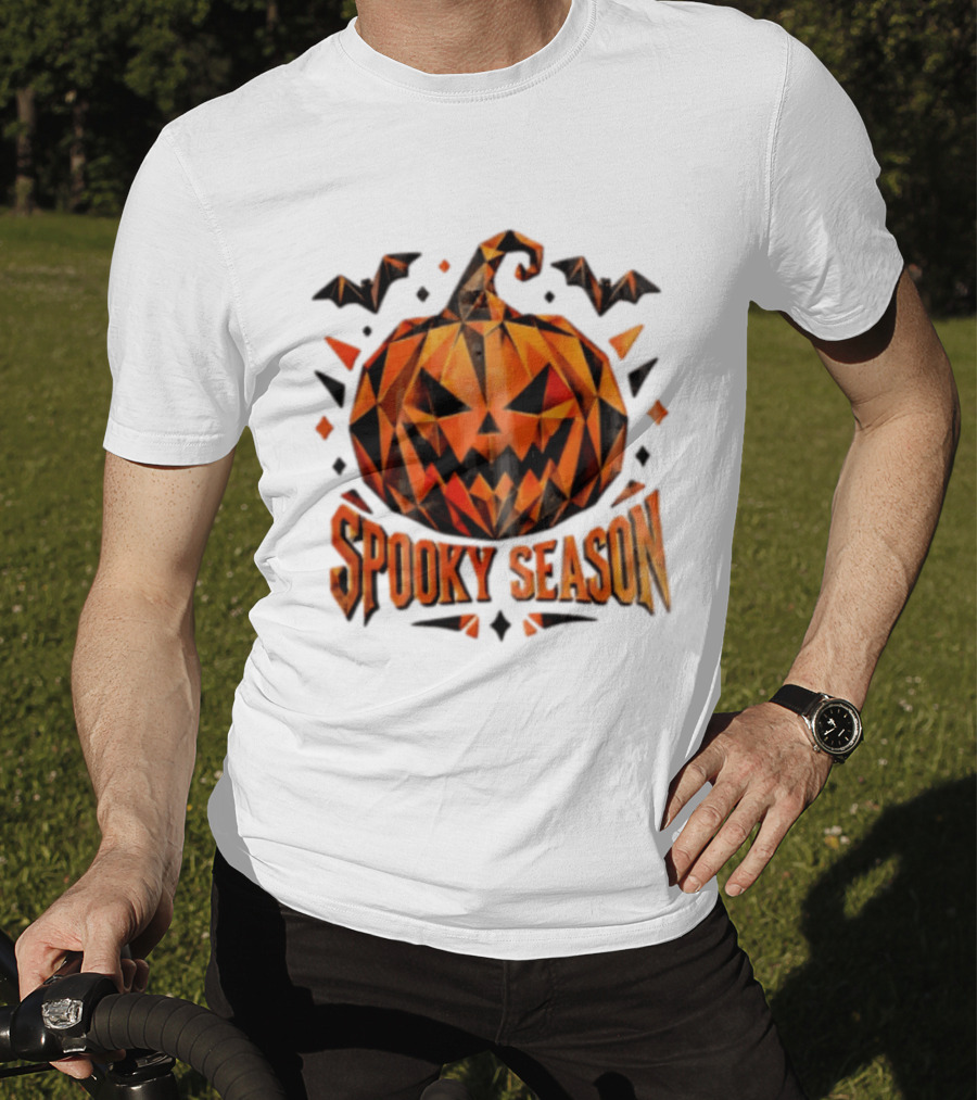 Spooky Season Geometric Pumpkin Halloween Bats T-Shirt