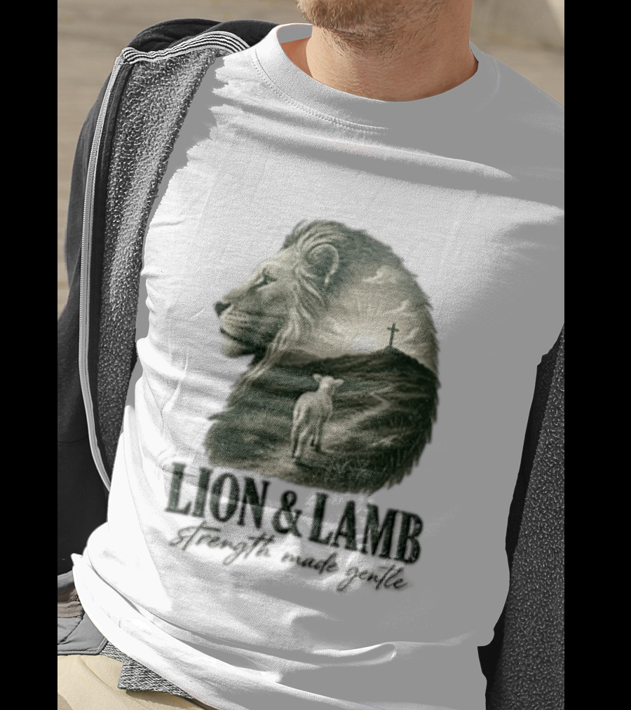 Lion And Lamb Strength Made Gentle Jesus Christ Cross Calvary Christian Faith T-Shirt