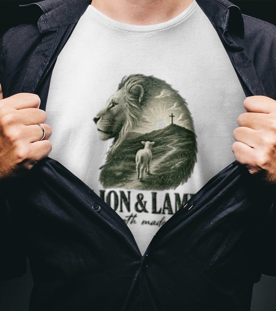 Lion And Lamb Strength Made Gentle Jesus Christ Cross Calvary Christian Faith T-Shirt