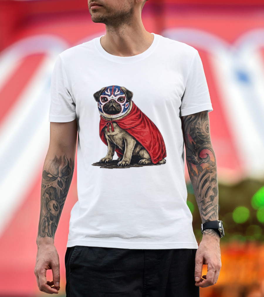 Lucha Libre Pug Red Cape Mexican Wrestling Dog Mask T-Shirt