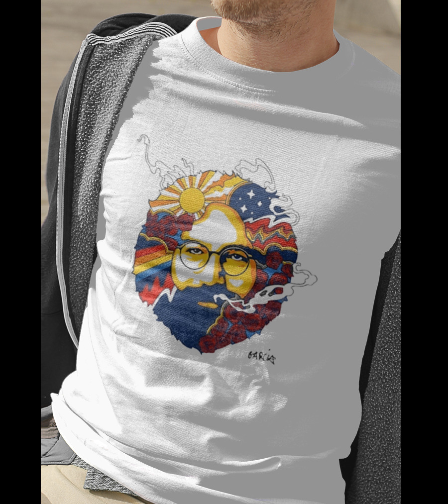 Psychedelic Jerry Garcia Face Sun Waves Stars Roses T-Shirt