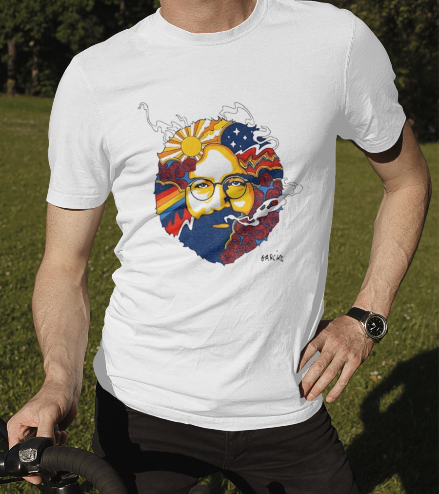 Psychedelic Jerry Garcia Face Sun Waves Stars Roses T-Shirt