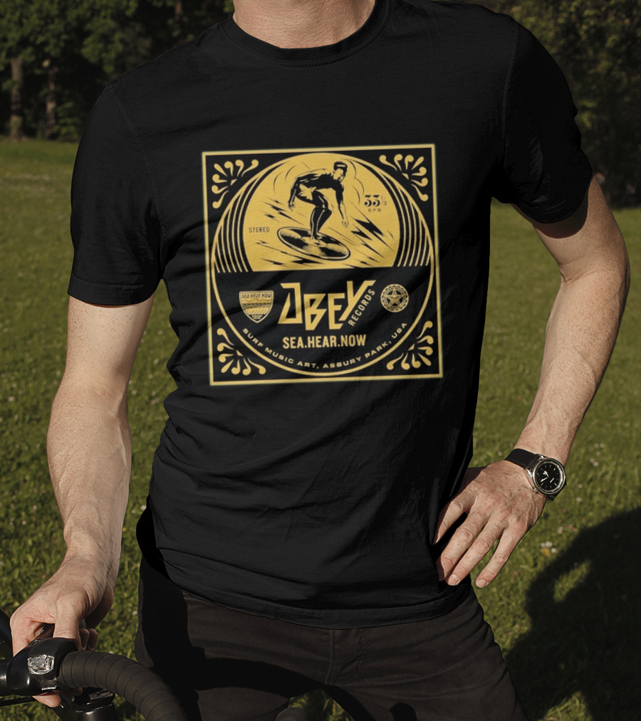 Obey Records SeaHearNow Surf Music Art Asbury Park USA 33 RPM Stereo T-Shirt