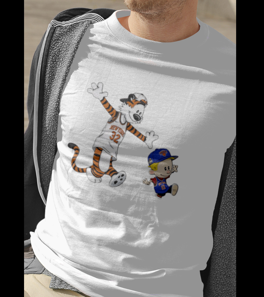Calvin And Hobbes In New York Knicks NBA Jerseys With Classic Cartoon T-Shirt