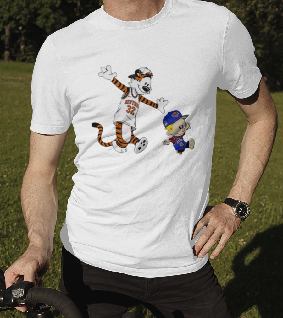 Calvin And Hobbes In New York Knicks NBA Jerseys With Classic Cartoon T-Shirt