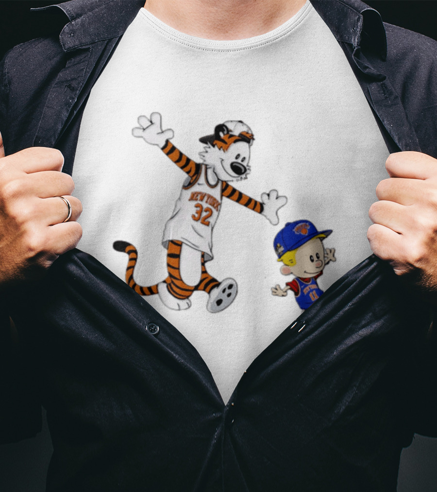 Calvin And Hobbes In New York Knicks NBA Jerseys With Classic Cartoon T-Shirt