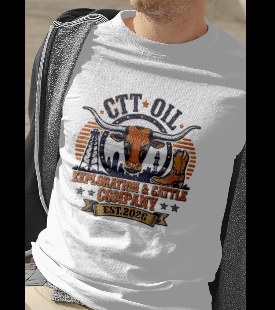 CTT Oil Exploration And Cattle Company Est. 2026 Bull Skull And Cowboy Boot Texans Collage T-Shirt