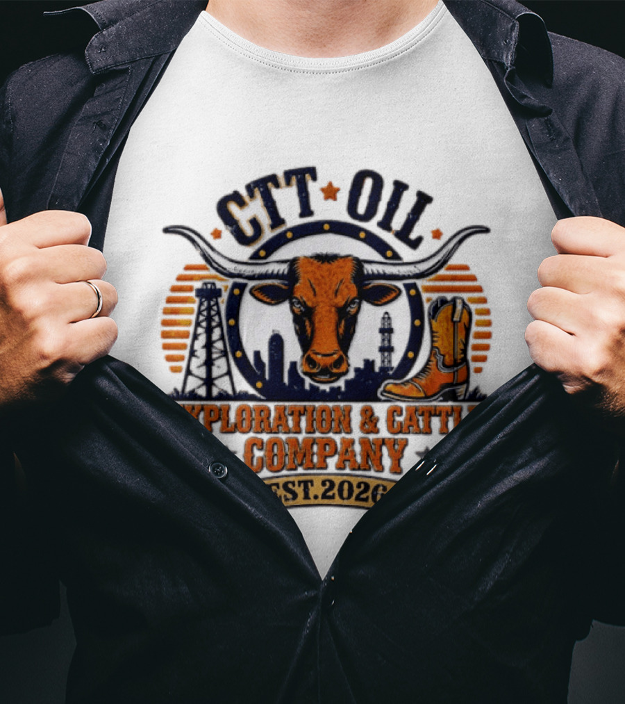 CTT Oil Exploration And Cattle Company Est. 2026 Bull Skull And Cowboy Boot Texans Collage T-Shirt
