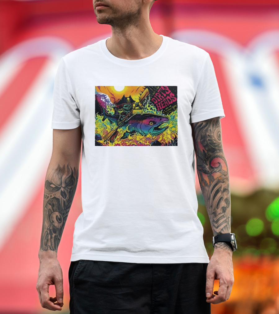 Dirty Heads Pirate Skeleton Kayaking Giant Fish Psychedelic Adventure T-Shirt