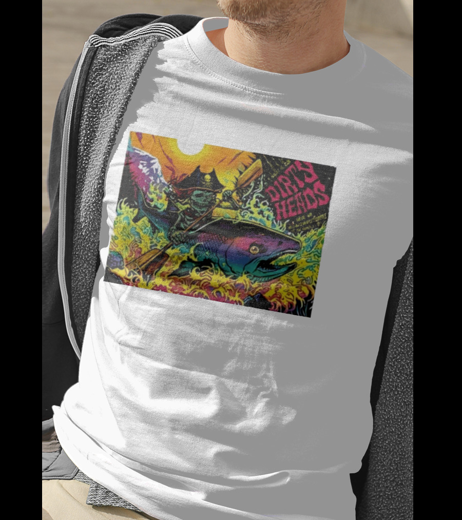 Dirty Heads Pirate Skeleton Kayaking Giant Fish Psychedelic Adventure T-Shirt