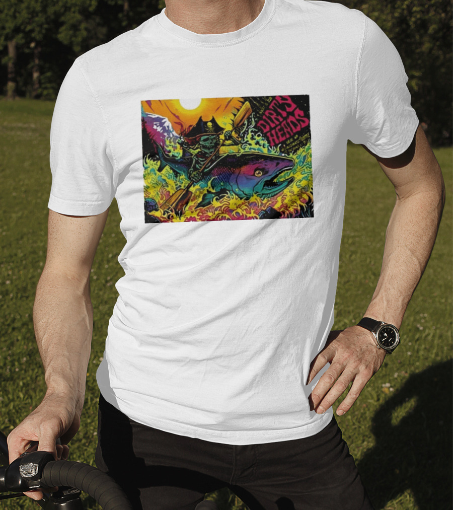 Dirty Heads Pirate Skeleton Kayaking Giant Fish Psychedelic Adventure T-Shirt