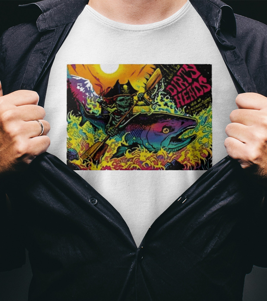 Dirty Heads Pirate Skeleton Kayaking Giant Fish Psychedelic Adventure T-Shirt