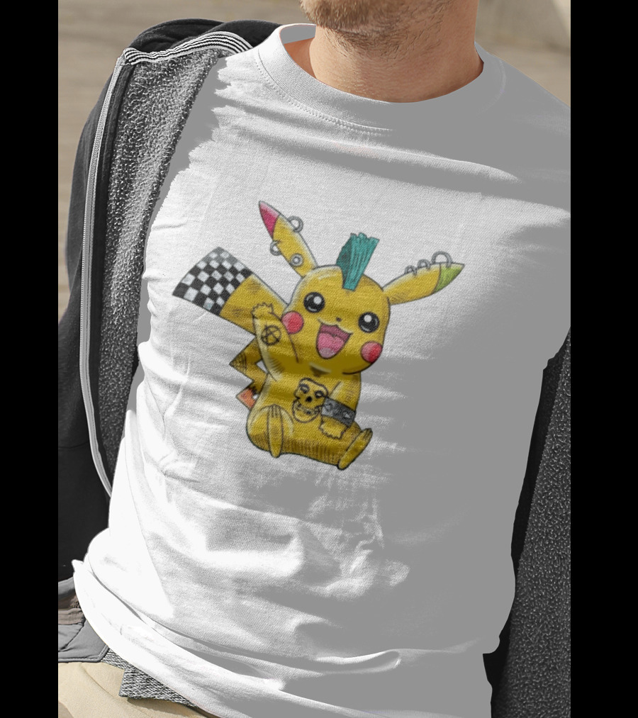 Punkachu Pikachu Mohawk Skull Anarchist Punk Rock Style Checkered Flag Details T-Shirt