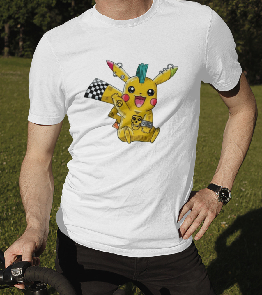 Punkachu Pikachu Mohawk Skull Anarchist Punk Rock Style Checkered Flag Details T-Shirt