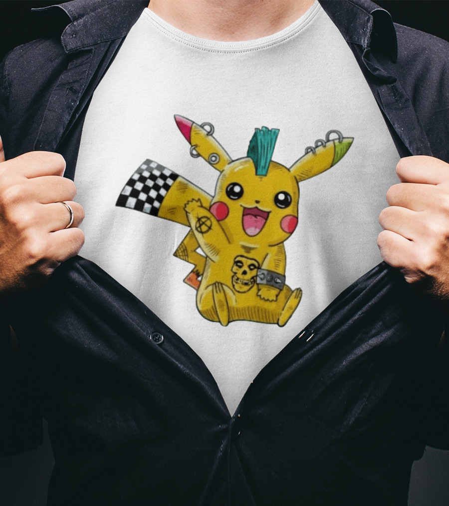 Punkachu Pikachu Mohawk Skull Anarchist Punk Rock Style Checkered Flag Details T-Shirt