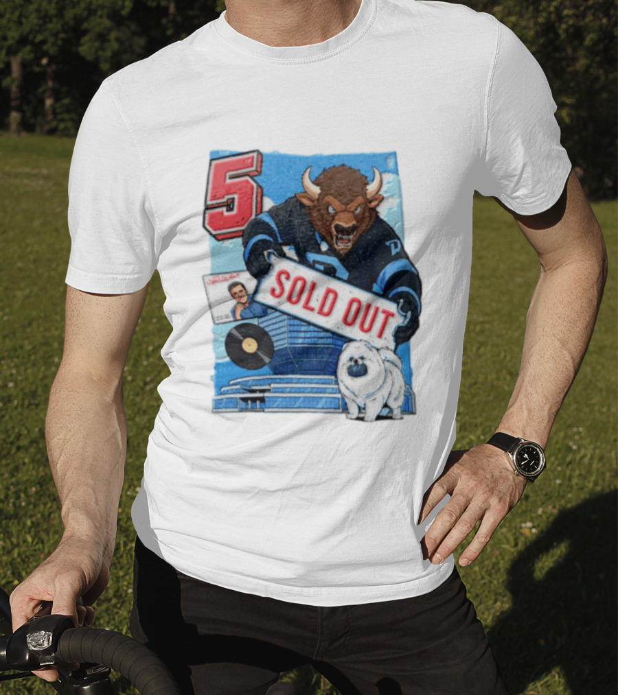 5 Bison Sold Out Sign White Fluffy Dog Holding Puck T-Shirt