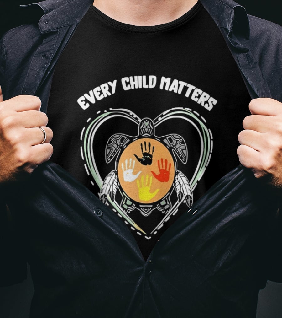 Every Child Matters Turtle Indigenous Handprints Orange Heart T-Shirt