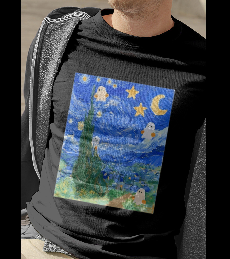 Starry Night Halloween Ghosts Vincent Van Gogh Painting T-Shirt