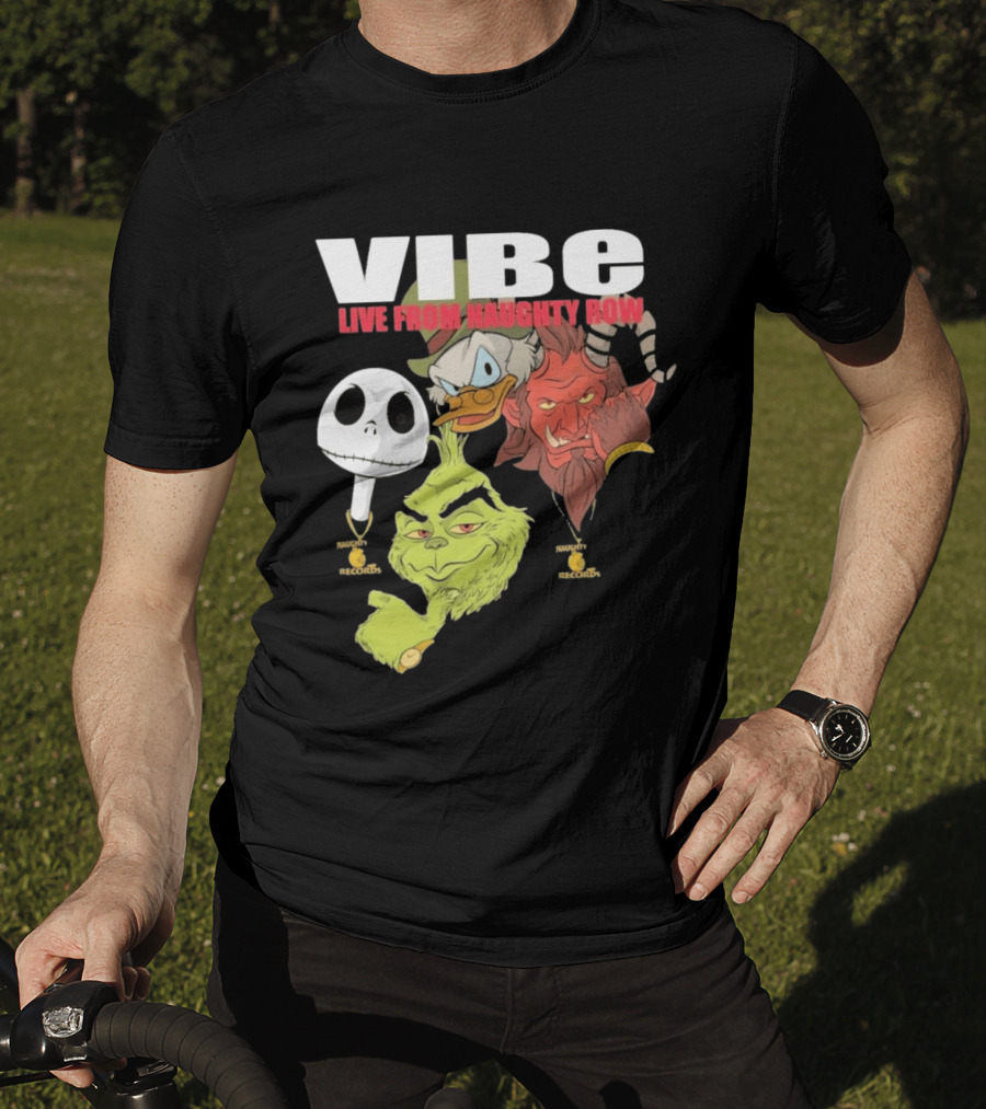Vibe Live From Naughty Row Grinch Krampus Scrooge Jack Skellington Christmas Naughty Row Records T-Shirt