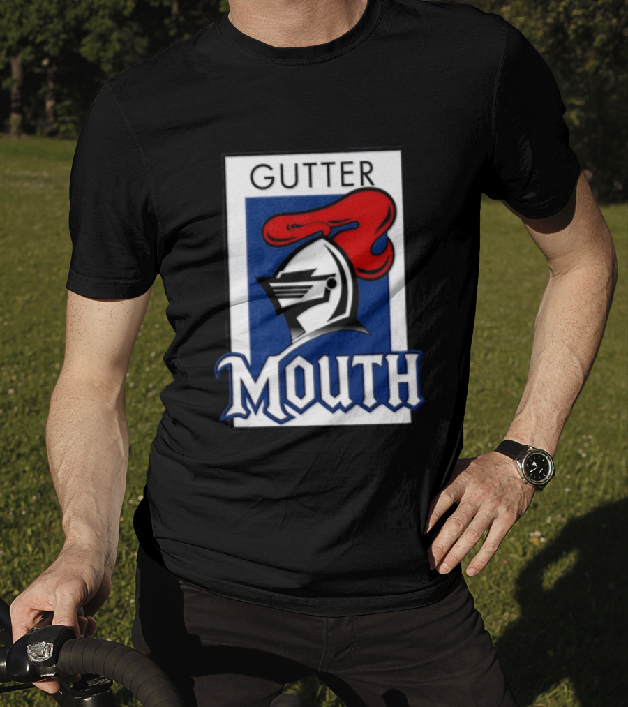 Guttermouth Newcastle Knights Collaboration Rugby League Iconic Helmet Red Blue T-Shirt