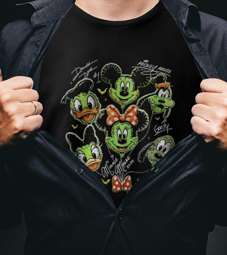 Zoombie Mickey Mouse And Friends Balloons Halloween Donald Duck Goofy Pluto Signatures T-Shirt