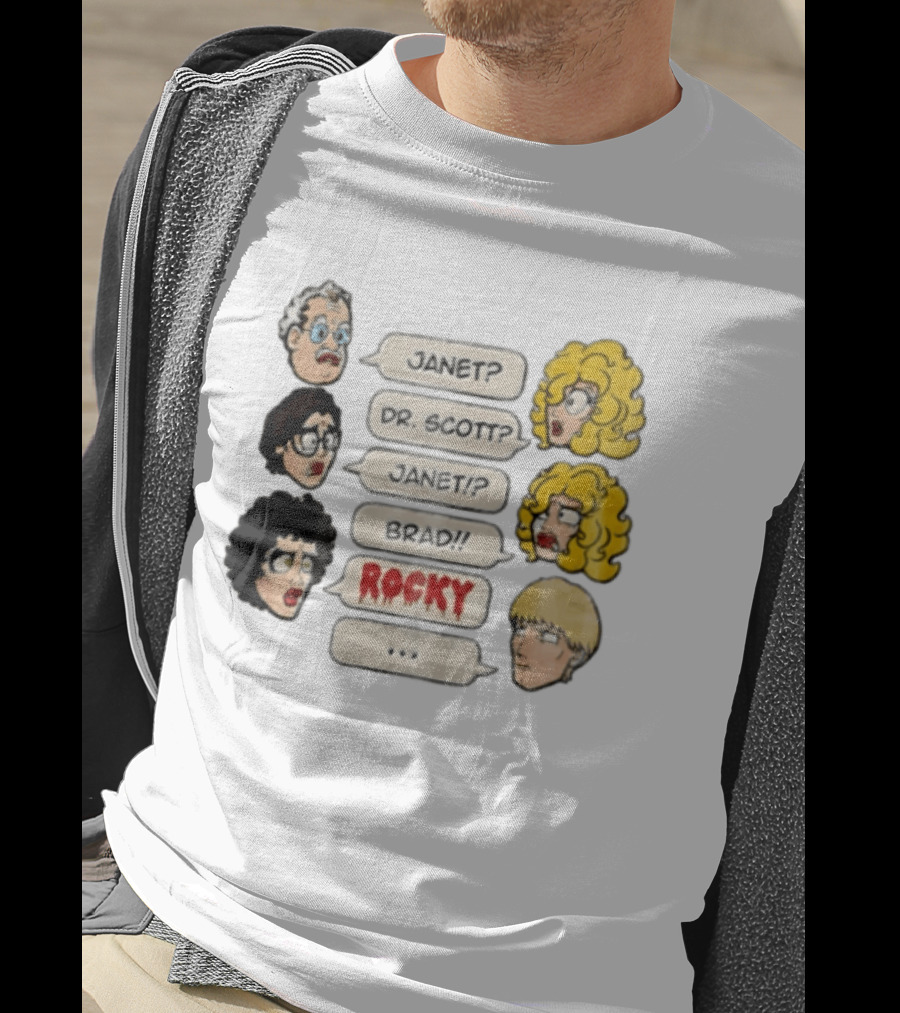 Janet Dr Scott Brad Rocky Horror Picture Show Speech Bubbles Cartoon Heads Dialogue T-Shirt