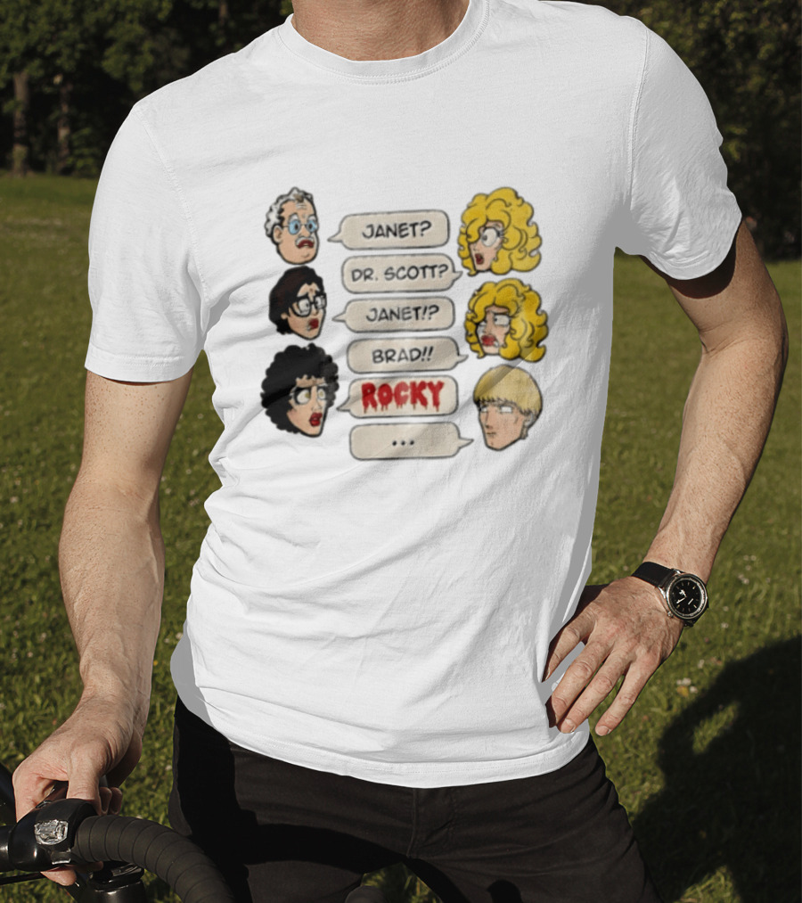 Janet Dr Scott Brad Rocky Horror Picture Show Speech Bubbles Cartoon Heads Dialogue T-Shirt