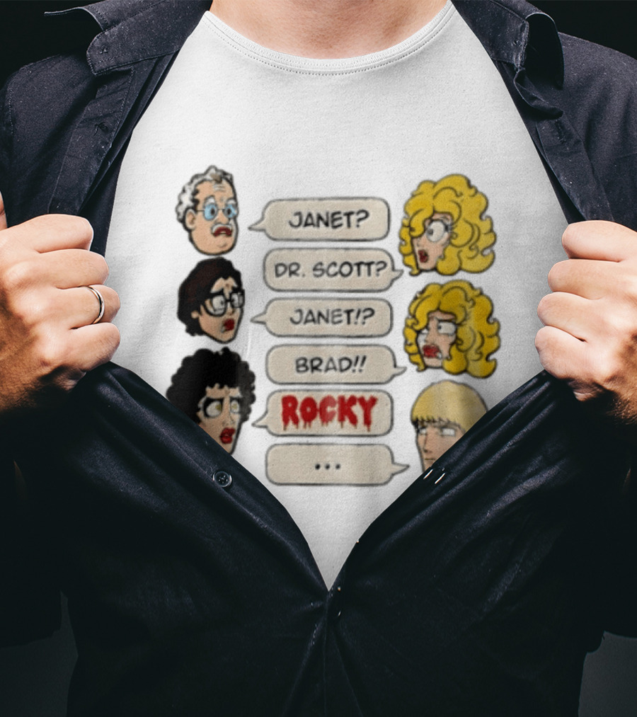 Janet Dr Scott Brad Rocky Horror Picture Show Speech Bubbles Cartoon Heads Dialogue T-Shirt