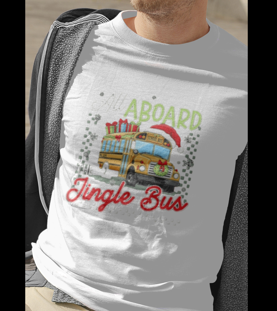 All Aboard The Jingle Bus Christmas Yellow School Bus Santa Hat Gifts Snowflakes Wreath T-Shirt