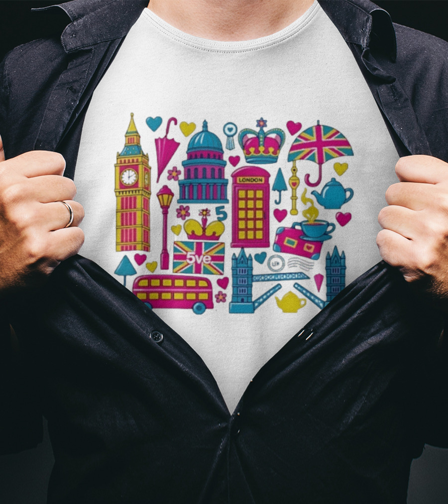 London 5ve UK British Symbols Big Ben Union Jack T-Shirt