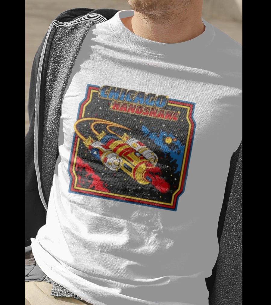 Chicago Handshake Spaceship Malort Old Lager Retro Sci Fi Space Adventure T-Shirt