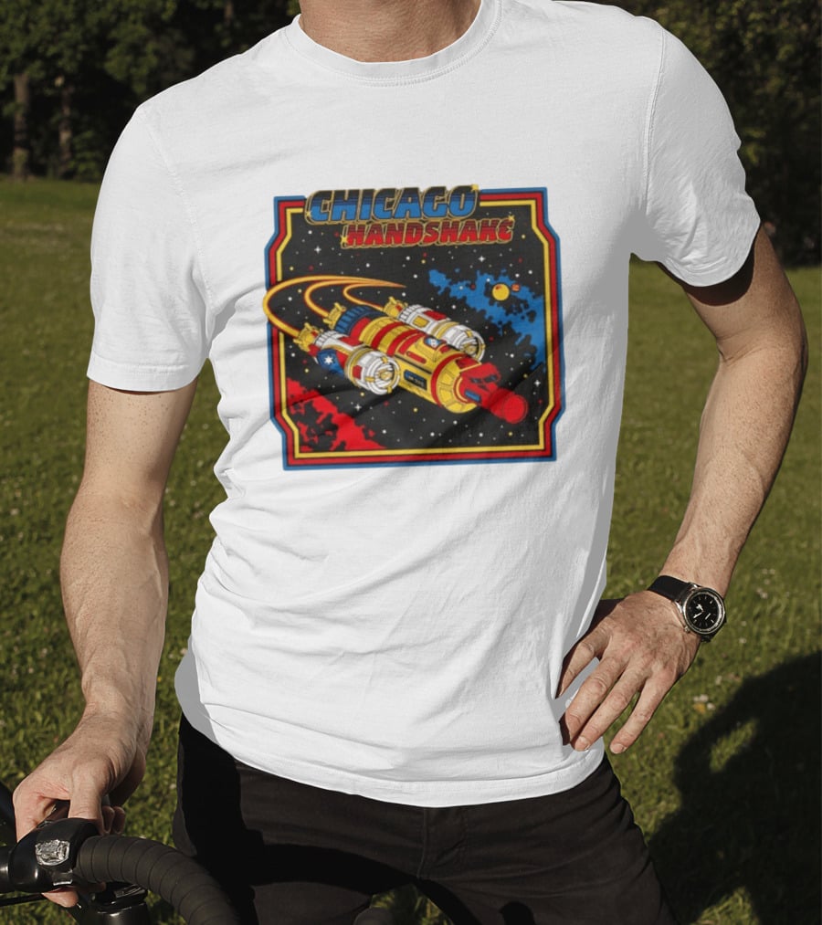 Chicago Handshake Spaceship Malort Old Lager Retro Sci Fi Space Adventure T-Shirt