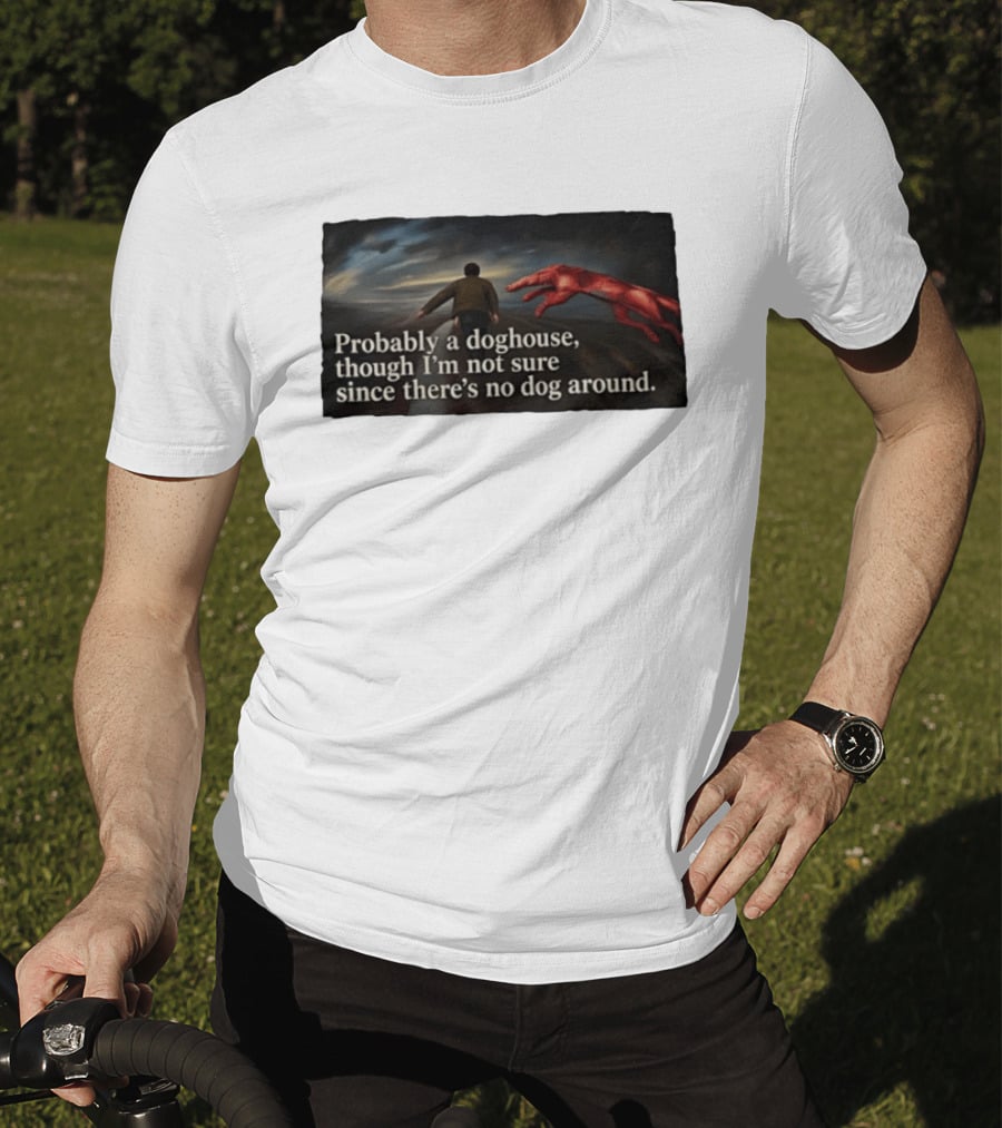 Probably A Doghouse Though I'm Not Sure Since There's No Dog Around Surreal Landscape With Figure And Red Creature T-Shirt