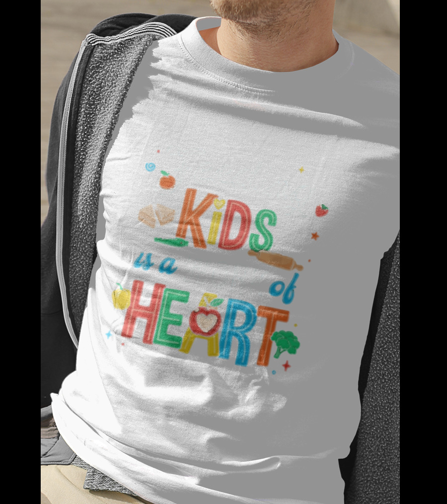 Feeding Kids Is A Work Of Heart Kitchen Tools Colorful Food Items T-Shirt
