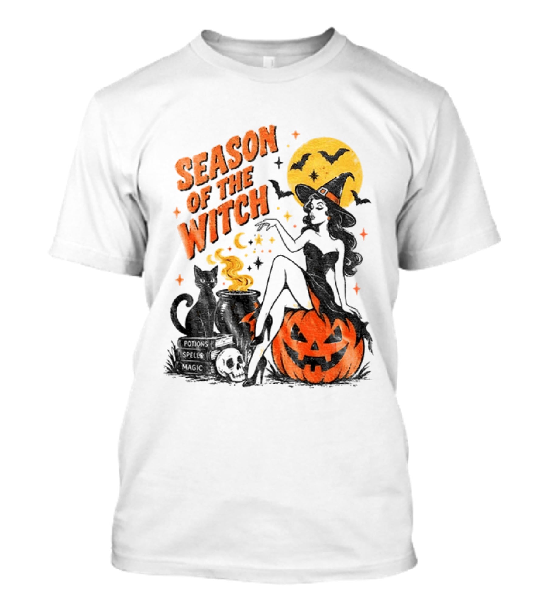 Season Of The Witch Halloween Spooky Season Full Moon Pumpkin Black Cat Bat T-Shirt