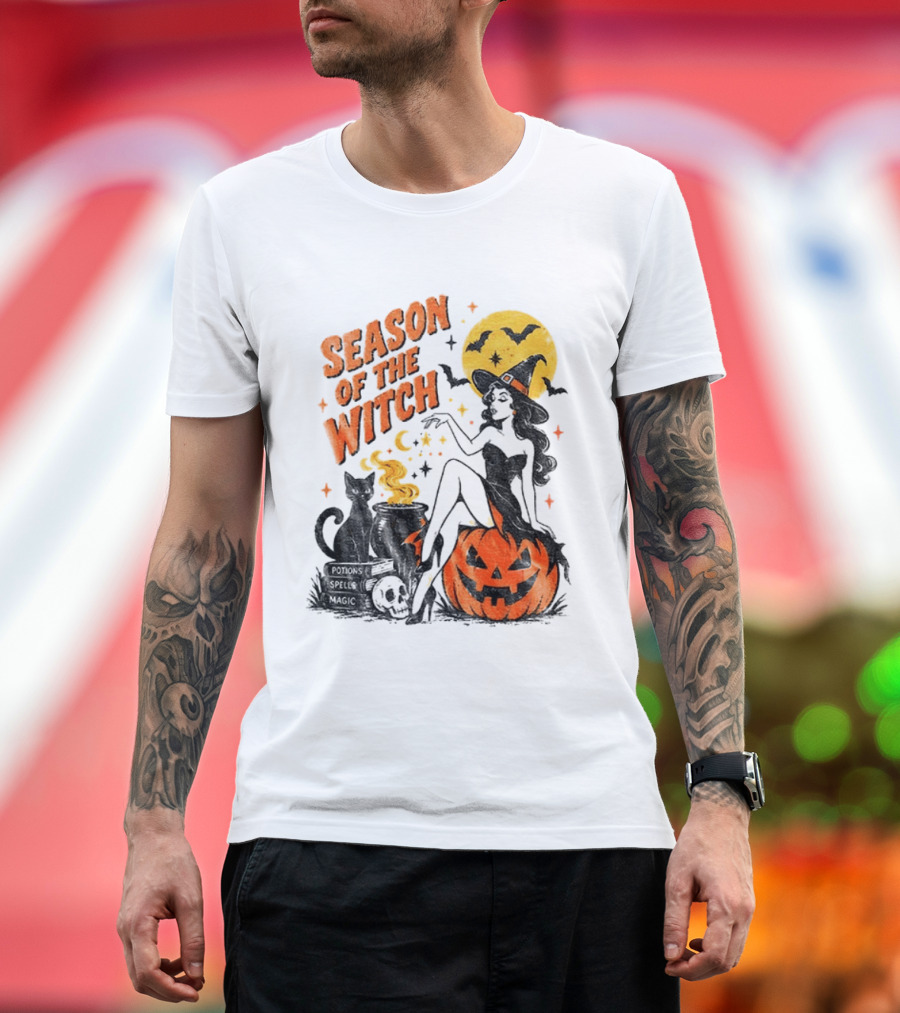 Season Of The Witch Halloween Spooky Season Full Moon Pumpkin Black Cat Bat T-Shirt