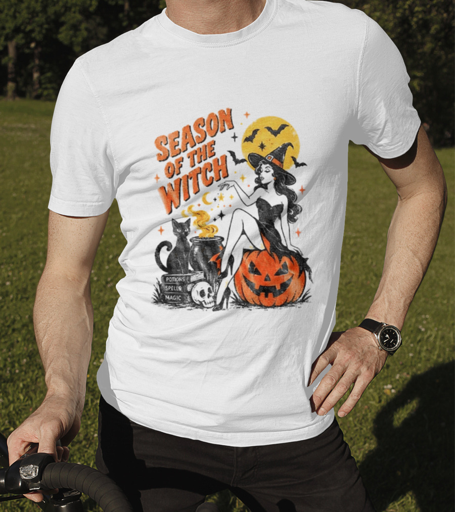 Season Of The Witch Halloween Spooky Season Full Moon Pumpkin Black Cat Bat T-Shirt