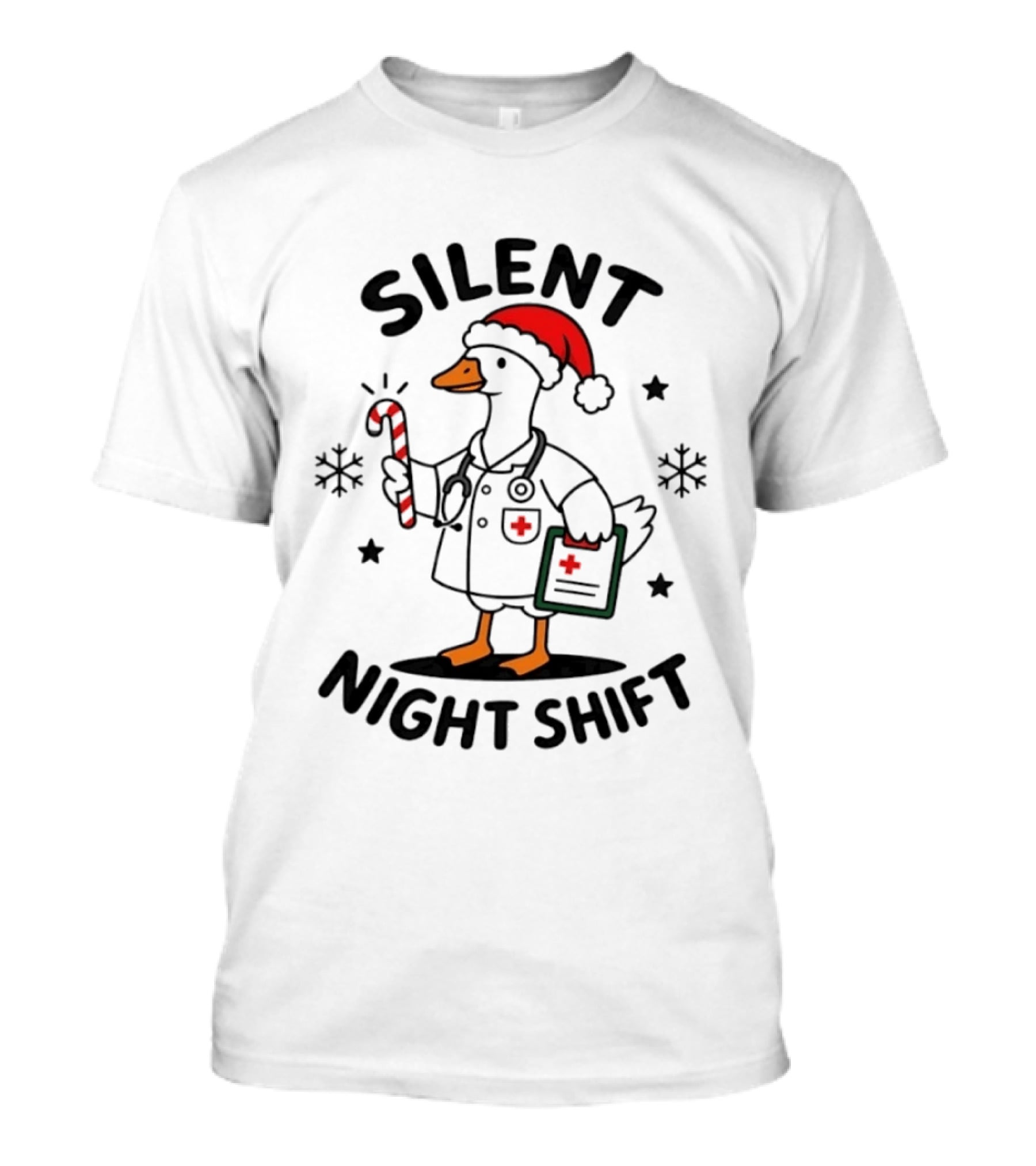 Silent Night Shift Christmas Goose In Santa Hat With Doctor Stethoscope And Candy Cane T-Shirt