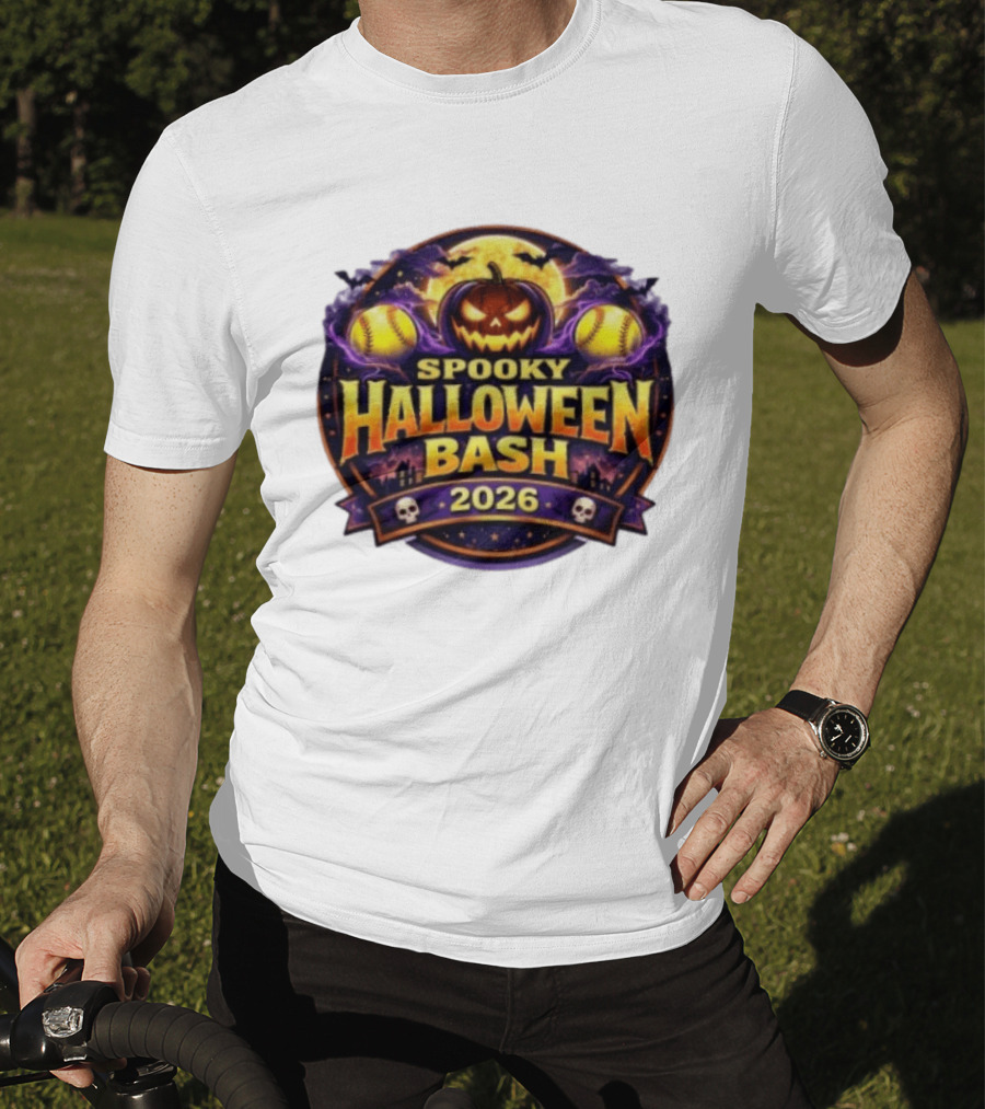 Spooky Halloween Bash 2026 Pumpkin Moonlit Baseball Skulls T-Shirt