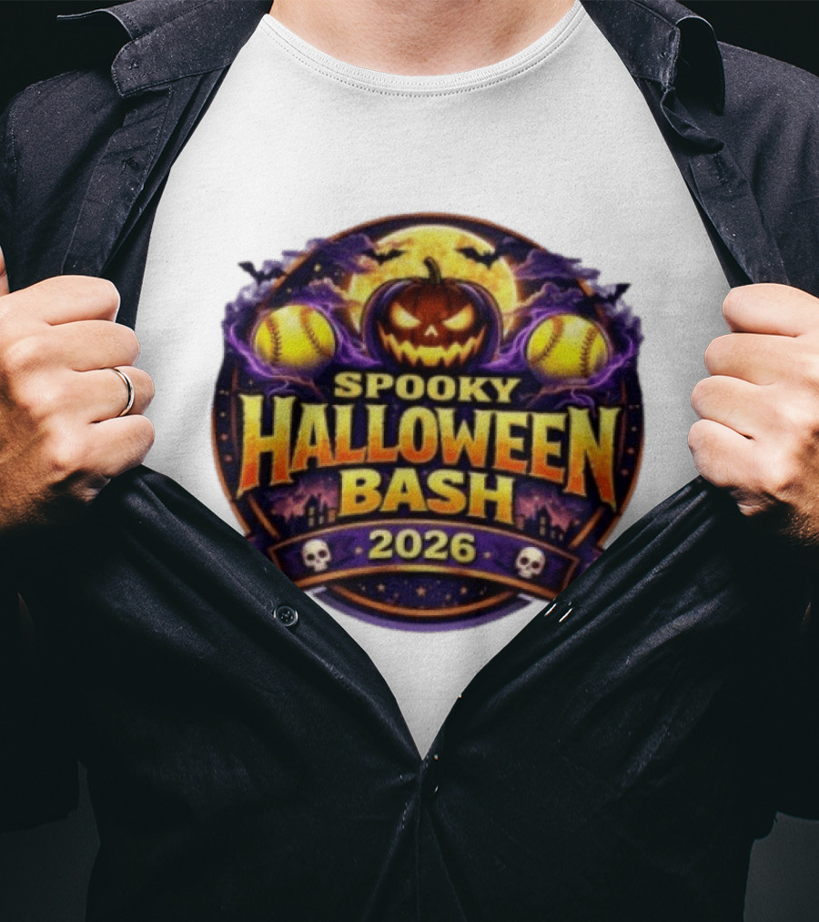 Spooky Halloween Bash 2026 Pumpkin Moonlit Baseball Skulls T-Shirt