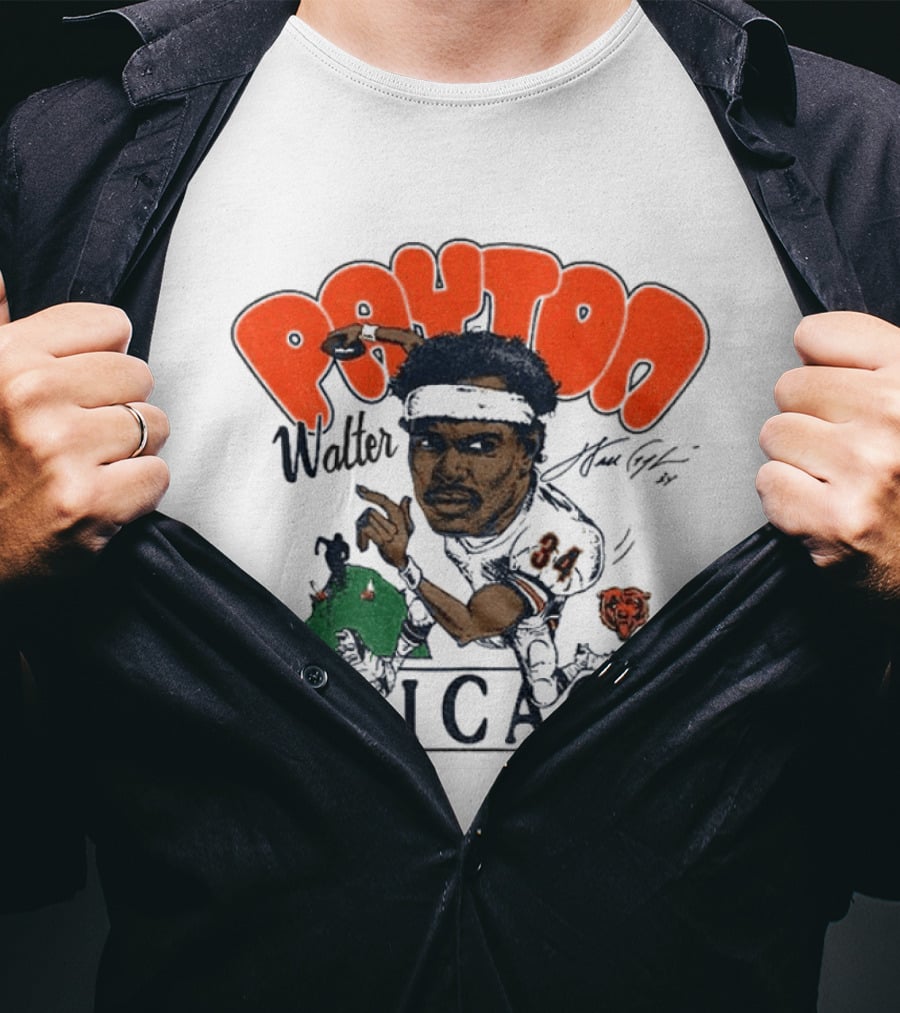 Walter Payton Chicago Bears 34 Caricature Player Signature Drawing T-Shirt