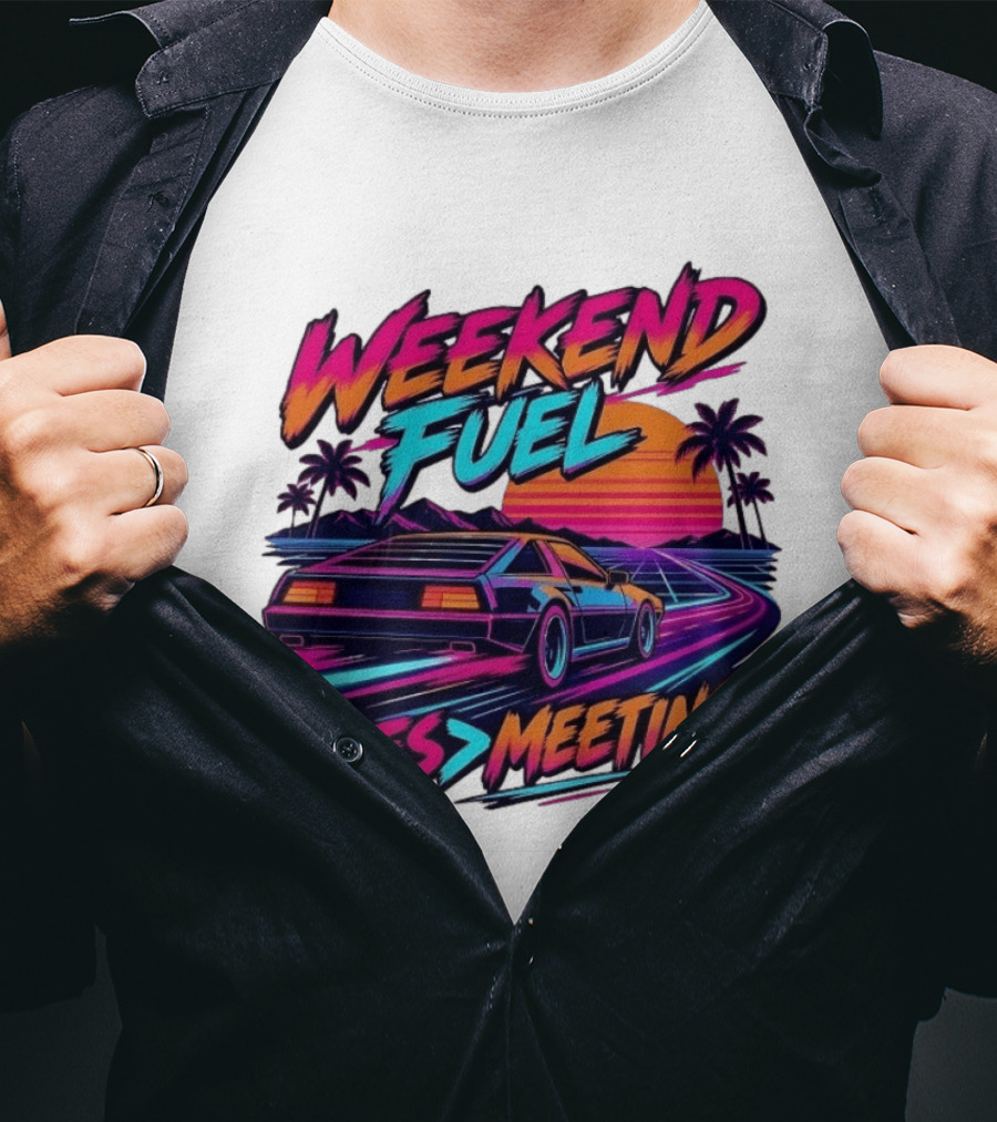 Weekend Fuel Synthwave Sports Car Miles Over Meetings Retro Aesthetic T-Shirt