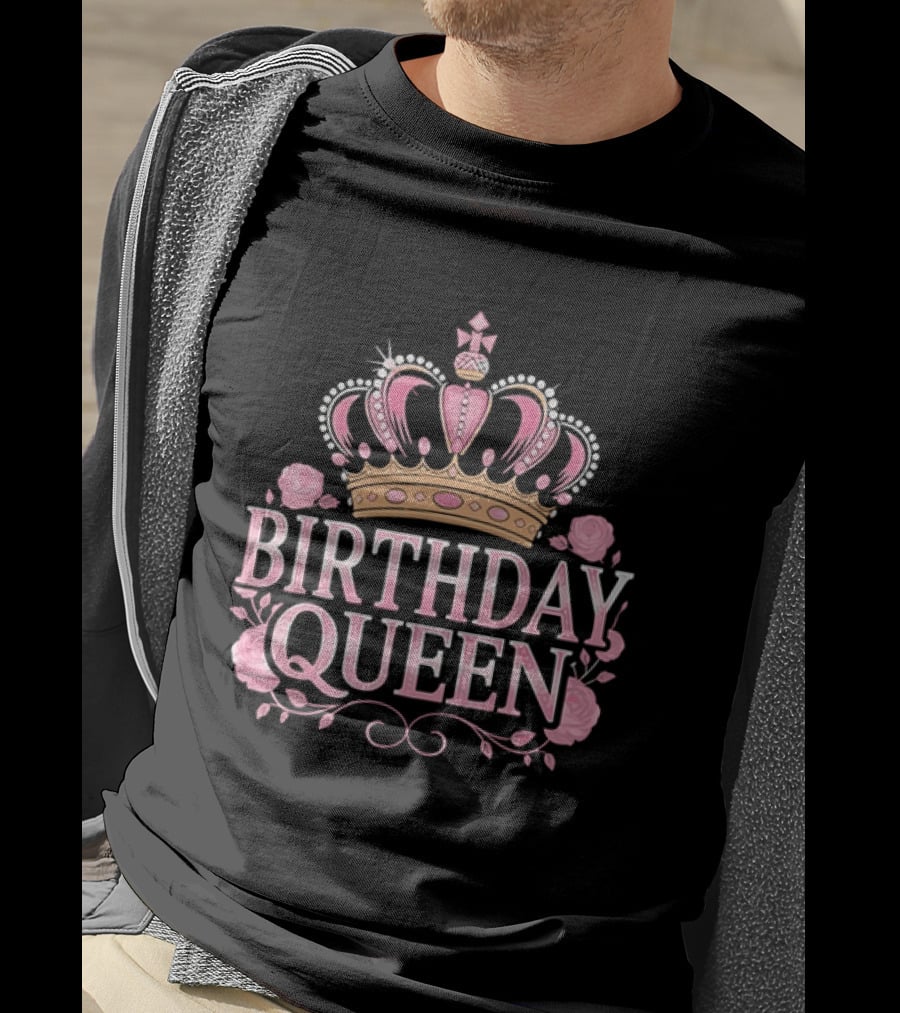 Birthday Queen Crown Pink Roses Celebration T-Shirt