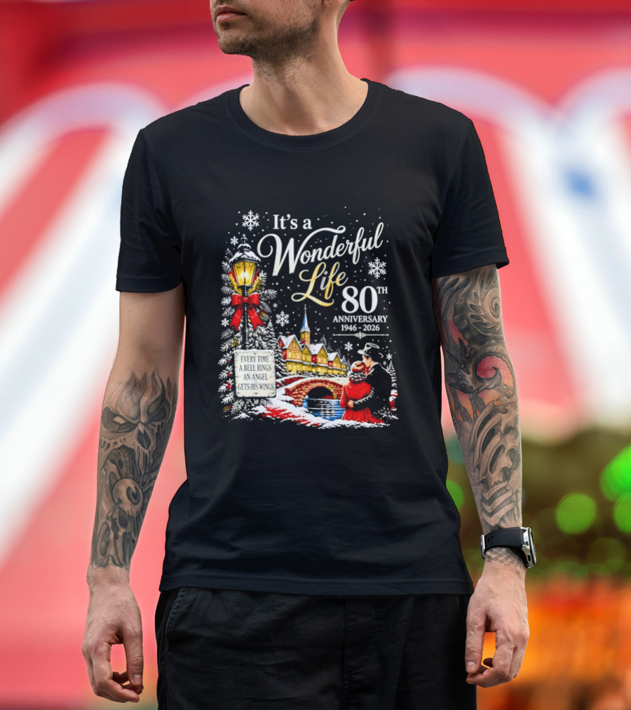 It's A Wonderful Life 80th Anniversary 1946 2026 Christmas Village Scene Snowflakes Lantern T-Shirt