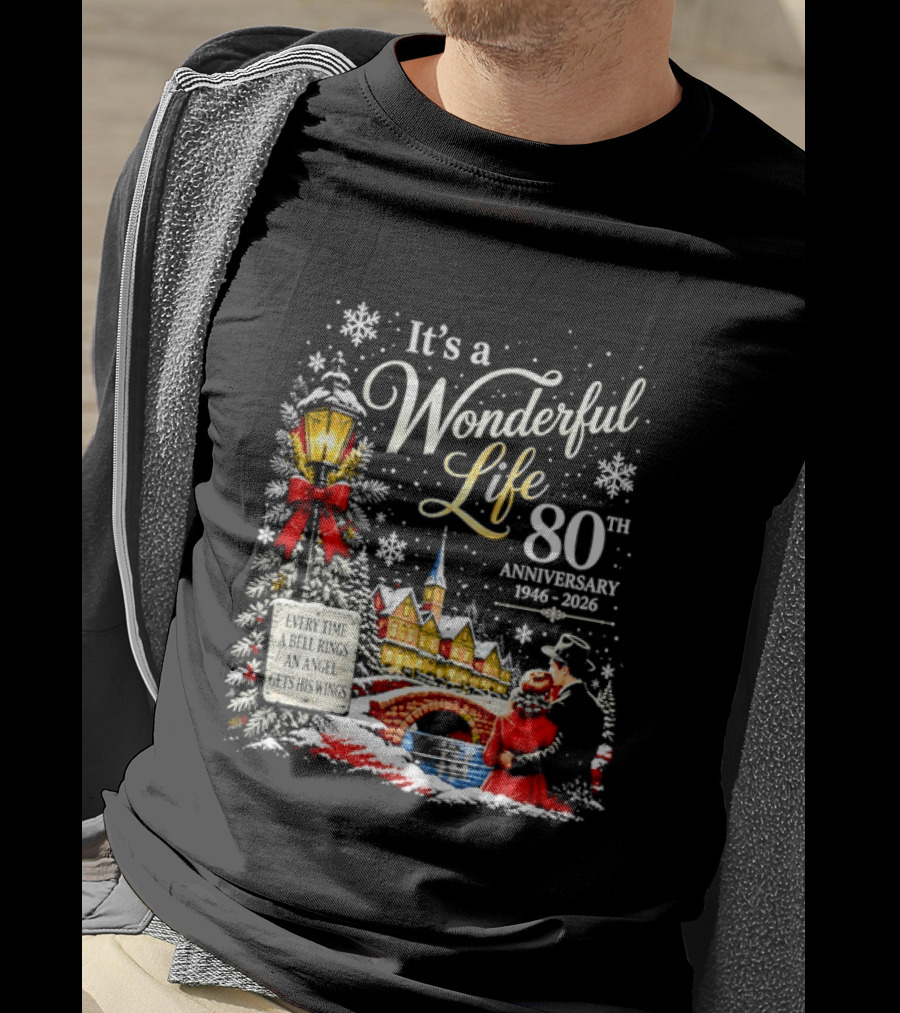 It's A Wonderful Life 80th Anniversary 1946 2026 Christmas Village Scene Snowflakes Lantern T-Shirt