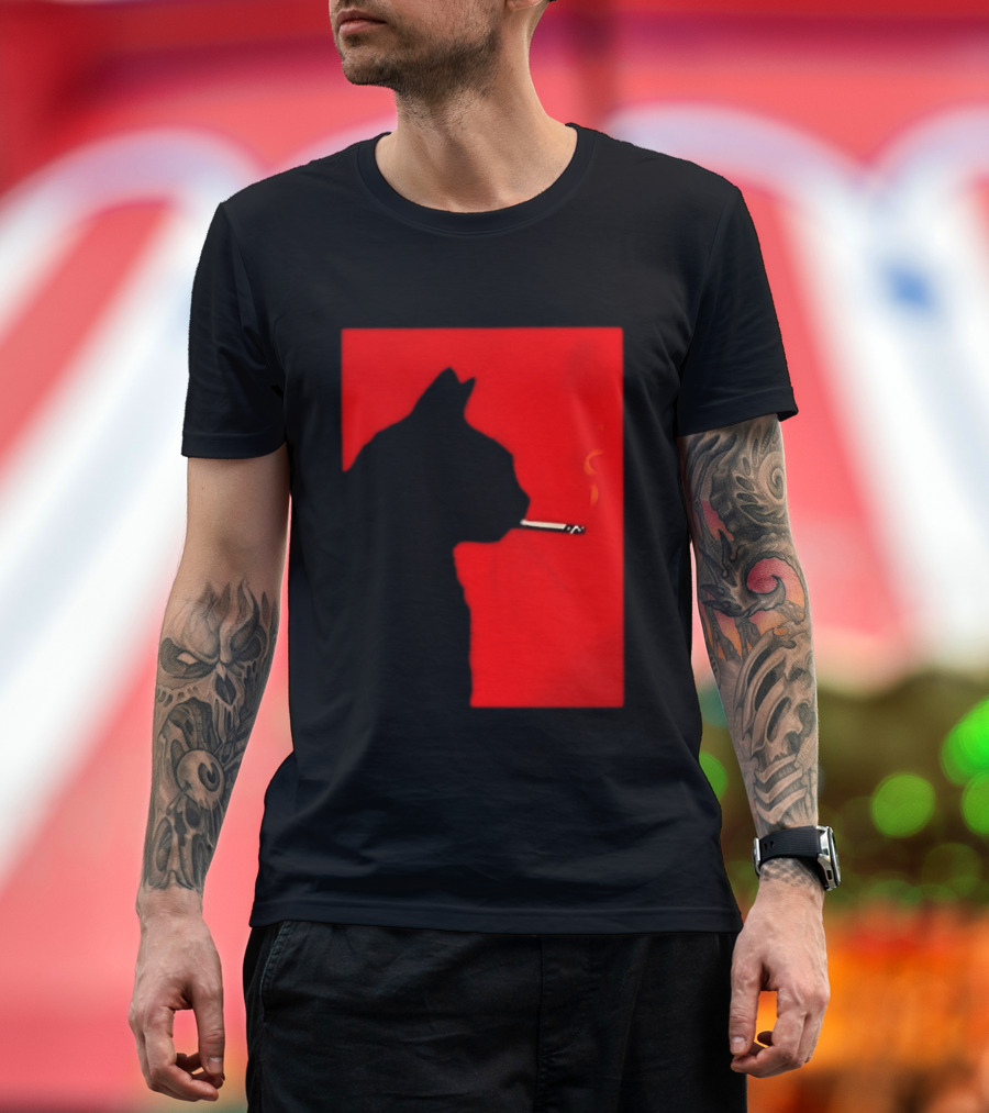 Black Cat Silhouette With Cigarette On Red T-Shirt